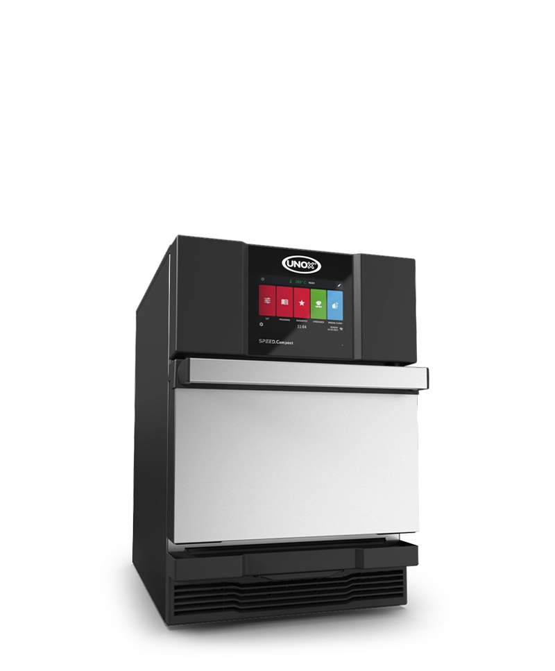Forno rápido Unox Speed.Compact, um forno pequeno preto e aço inox, com alça de puxar para baixo e display digital multicolorido.
