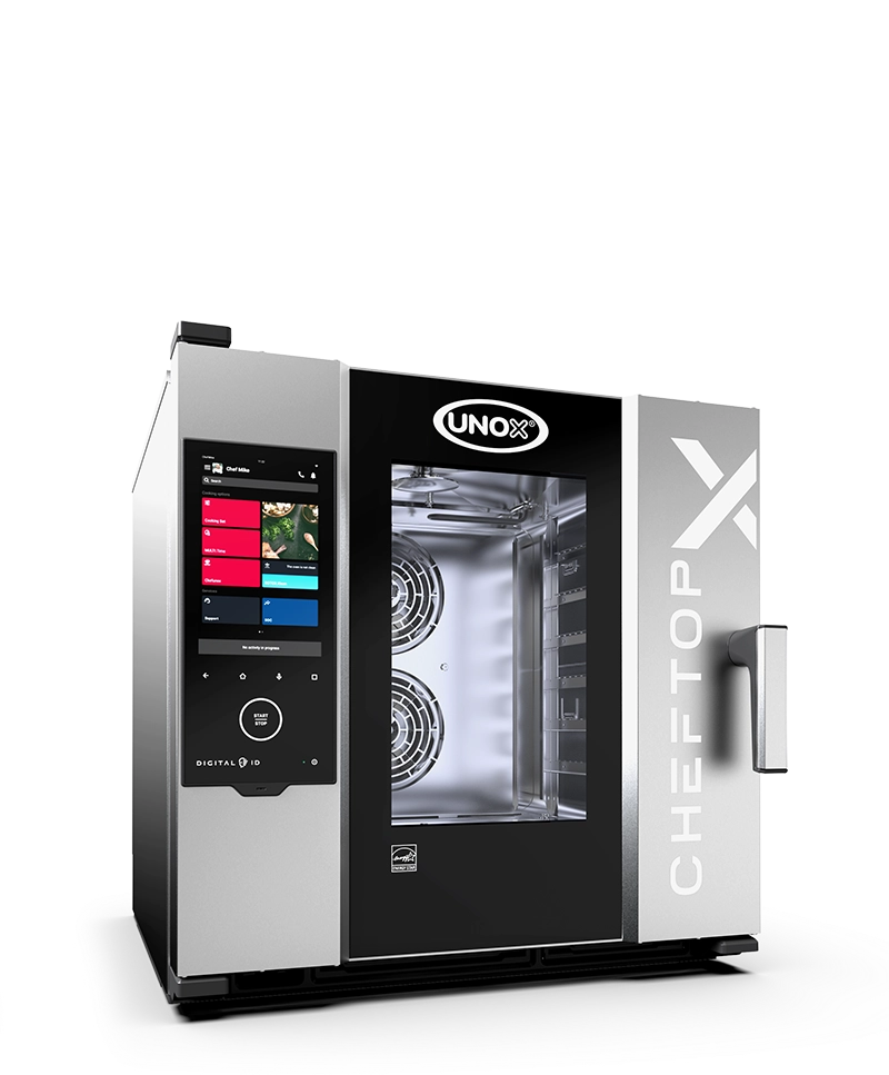 Forno combinado profissional Cheftop X da Unox, um forno preto e aço inox com display digital multicolorido.