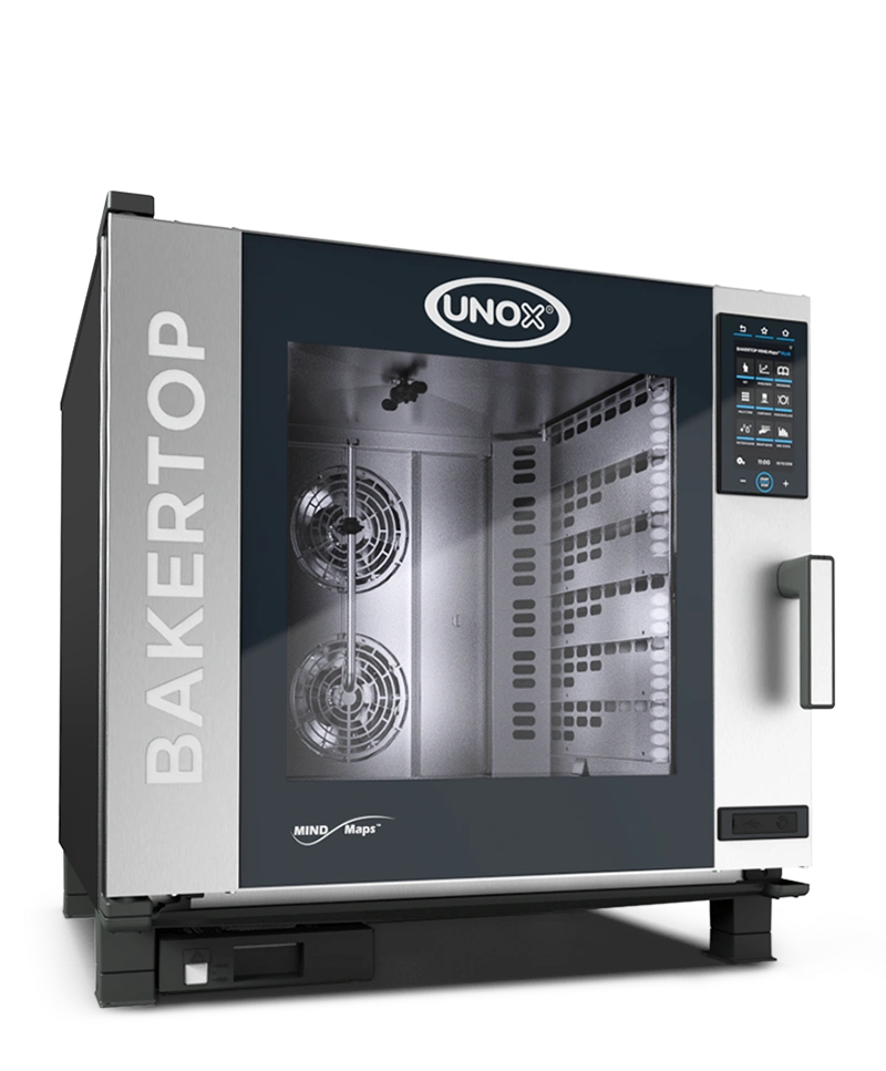 Forno combinado para panificação Bakertop Mind.Maps Unox, com design moderno e elegante, equipado com interface touchscreen intuitiva.