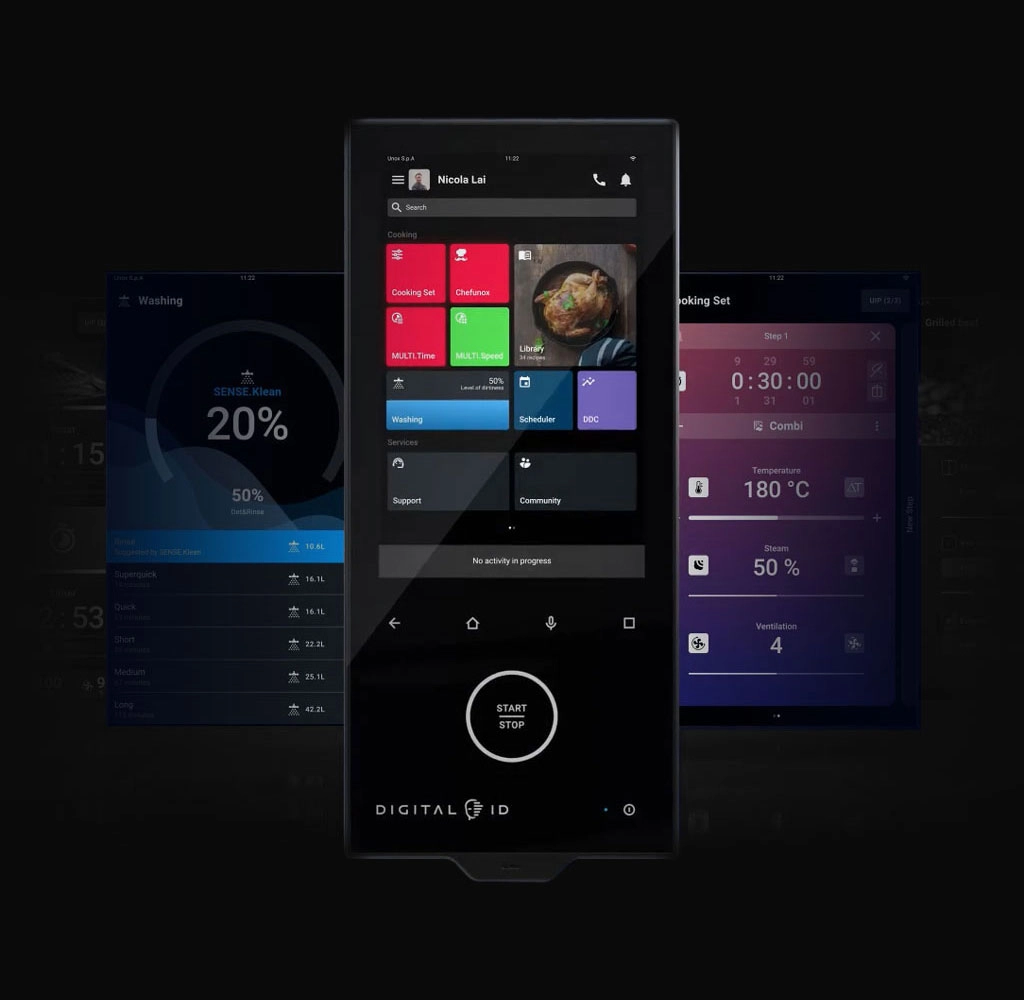 Display touch Digital.ID mostrando as diferentes telas da interface, incluindo programa de lavagem e programa de cocção.