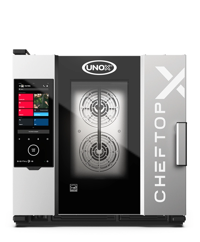 Forno combinado Cheftop-X Unox, design elegante em preto e aço, com painel de display touch multicolorido.