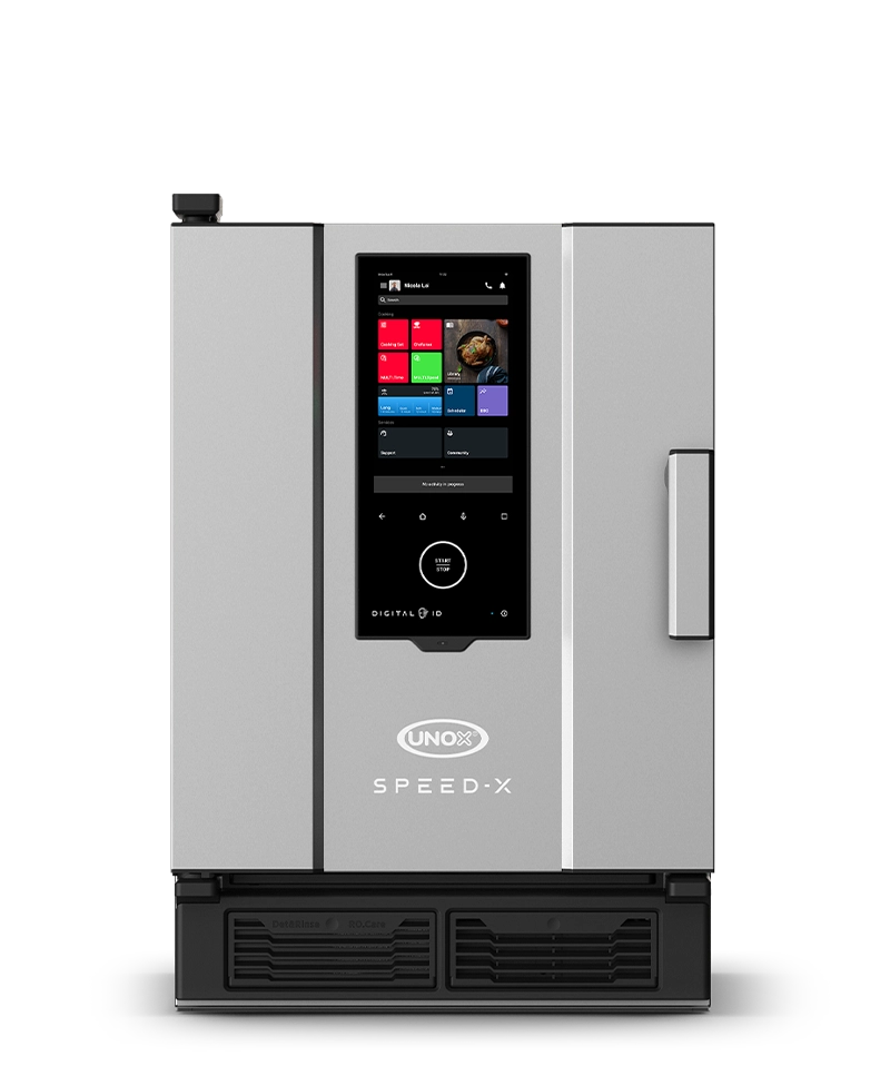 Forno rápido Speed-X Unox, design elegante em preto e aço, com painel de display touch multicolorido na frente.