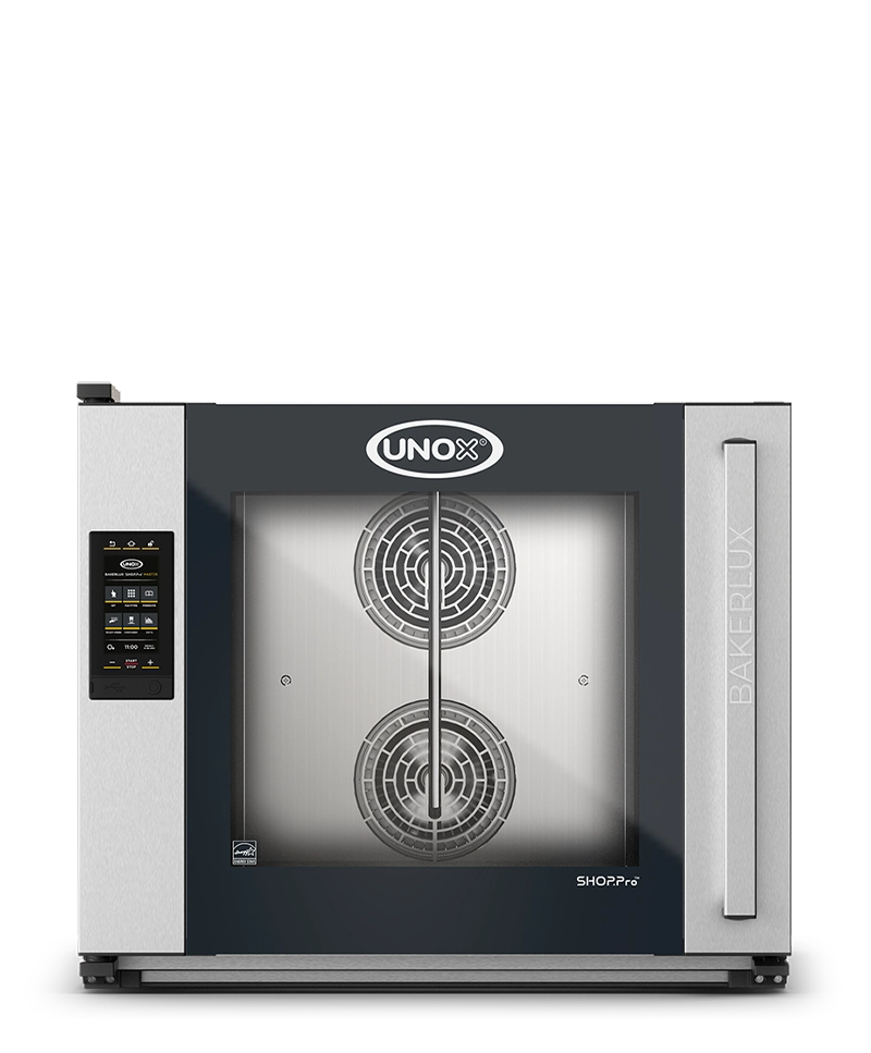 Forno para panificação Bakerlux Shop.Pro Unox, design em preto e aço com painel de display touch.