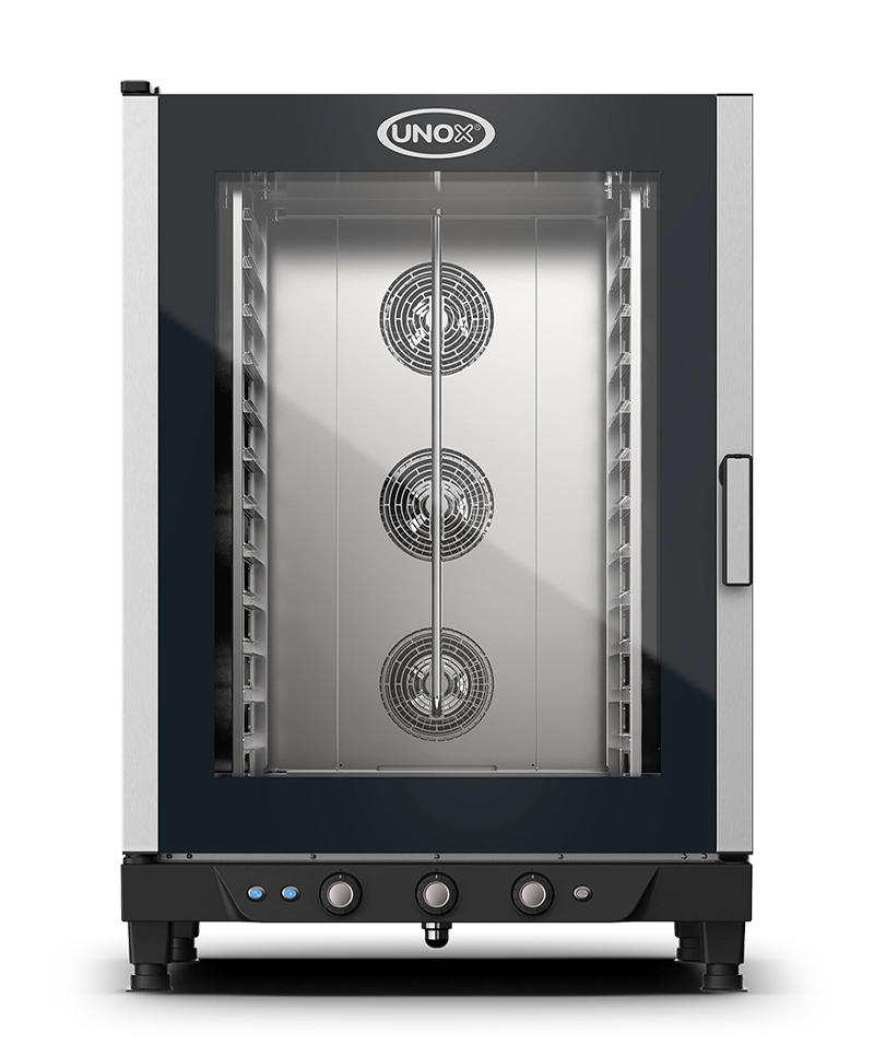 Forno de convecção profissional Unox, com design em preto e aço.